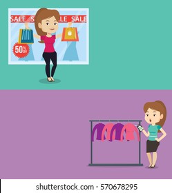 Two shopping banners with space for text. Vector flat design. Horizontal layout. Woman shocked by price tag in clothing store. Woman looking at price tag in clothing store. Woman staring at price tag.