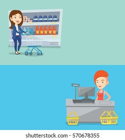 Two shopping banners with space for text. Vector flat design. Horizontal layout. Young caucasian cashier standing at the checkout in supermarket. Female cashier working at checkout in a supermarket.