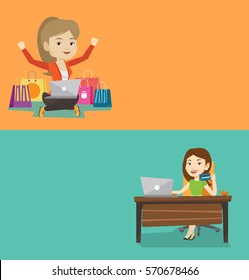 Two shopping banners with space for text. Vector flat design. Horizontal layout. Woman sitting at the table with laptop and credit card. Woman using laptop for online shopping and showing credit card.