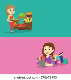 Zwei Shopping-Banner mit Platz für Text. Vektorflachdesign. Horizontales Layout. Mitarbeiter des Lebensmittelgeschäfts stehen vor dem Abschnitt mit Früchten. Lebensmittelhändler, der eine Schachtel mit Äpfeln hält.