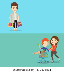 Two shopping banners with space for text. Vector flat design. Horizontal layout. Happy caucasian woman carrying shopping bags. Woman holding shopping bags. Woman standing with a lot of shopping bags.