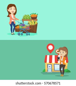 Dos carteles de la compra con espacio para el texto. Diseño plano vectorial. Diseño horizontal. Mujer caucásica empujando un carrito de supermercados con algunos productos. Los clientes compran en un supermercado con tranvía.