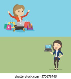 Dos carteles de la compra con espacio para el texto. Diseño plano vectorial. Diseño horizontal. Mujer joven usando laptop para comprar en línea. Mujer sosteniendo un portátil con carro de compras. Mujer haciendo compras en línea.