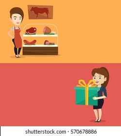 Two shopping banners with space for text. Vector flat design. Horizontal layout. Caucasian female butcher offering meat. Friendly female butcher standing on the background of storefront with meat.