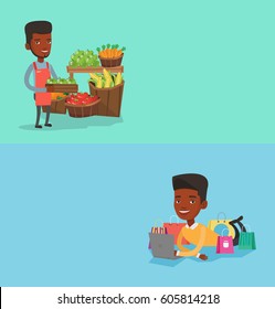 Dos carteles de la compra con espacio para el texto. Diseño plano vectorial. Diseño horizontal. Trabajador de la tienda de comestibles parado frente a la sección con frutas. Trabajador del supermercado sostiene una caja con manzanas.
