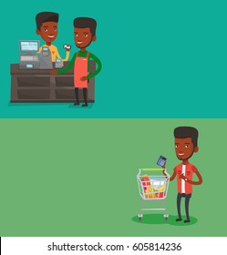 Two shopping banners with space for text. Vector flat design. Horizontal layout. Man paying wireless with smartphone at supermarket checkout . Customer making payment for purchase with smartphone.