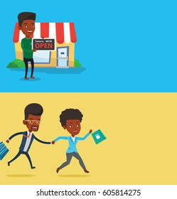 Zwei Shopping-Banner mit Platz für Text. Vektorflachdesign. Horizontales Layout. Menschen, die sich zum Einkaufen drängen, zu Promotion und Rabatt. Afrikanische Frau und Mann rannten in Eile in den Laden zu verkaufen.