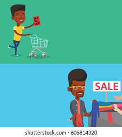 Two shopping banners with space for text. Vector flat design. Horizontal layout. Man running on big sale. African man holding paper sheet with sale text. Man with shopping trolley running on sale.