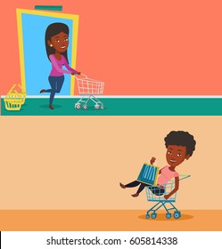 Dos carteles de la compra con espacio para el texto. Diseño plano vectorial. Diseño horizontal. Mujer afroamericana entrando a la tienda y corriendo a comprar. Cliente corriendo con una vagoneta de compras vacía.