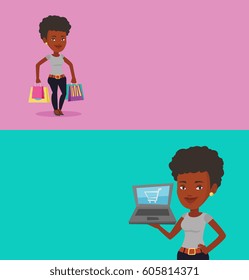 Two shopping banners with space for text. Vector flat design. Horizontal layout. African-american woman carrying shopping bags. Woman holding shopping bags. Woman standing with a lot of shopping bags.