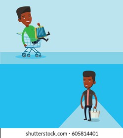 Dos carteles de la compra con espacio para el texto. Diseño plano vectorial. Diseño horizontal. Joven cliente despreocupado que se divierte mientras viaja en tranvía de compras. Hombre afroamericano sentado en un tranvía de compras.
