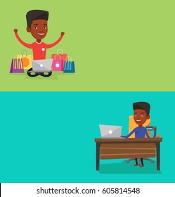 Two shopping banners with space for text. Vector flat design. Horizontal layout. African man with hands up using laptop for shopping online. Man doing online shopping. Man shopping online at home.