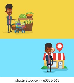 Two shopping banners with space for text. Vector flat design. Horizontal layout. African-american man pushing a supermarket trolley with some products in it. Man shopping at supermarket with trolley.