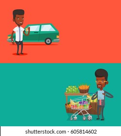 Two shopping banners with space for text. Vector flat design. Horizontal layout. Man holding keys to his new car. Happy man showing key to his new car. Man standing on the backgrond of his new car.