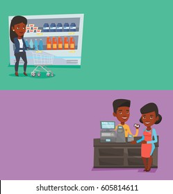 Two shopping banners with space for text. Vector flat design. Horizontal layout. Customer pushing an empty supermarket cart. Customer shopping at supermarket with cart. Customer walking with trolley.