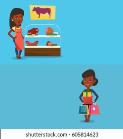 Two shopping banners with space for text. Vector flat design. Horizontal layout. African-american female butcher offering meat in butchery. Butcher standing on the background of storefront in butchery