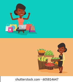 Zwei Shopping-Banner mit Platz für Text. Vektorflachdesign. Horizontales Layout. Frauen mit Laptop für den Online-Einkauf. Junge Frau sitzt mit Einkaufstaschen und macht Online-Shopping.