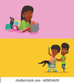 Dos carteles de la compra con espacio para el texto. Diseño plano vectorial. Diseño horizontal. Joven afroamericana usando laptop para comprar en línea. Mujer tendida con laptop y haciendo pedido de compra en línea