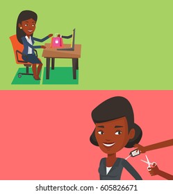Two shopping banners with space for text. Vector flat design. Horizontal layout. Young woman shopping online. Woman making online order in virtual shop. African woman using laptop for online shopping.