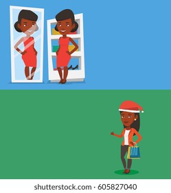 Two shopping banners with space for text. Vector flat design. Horizontal layout. Woman in santa hat holding shopping bags. African-american woman carrying shopping bags. Woman buying christmas gifts.