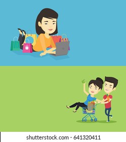 Dois banners de compras com espaço para texto. Design plano vetorial. Layout horizontal. Jovem mulher asiática usando laptop para compras on-line. Mulher sorridente deitada com laptop e fazendo pedido de compra on-line.