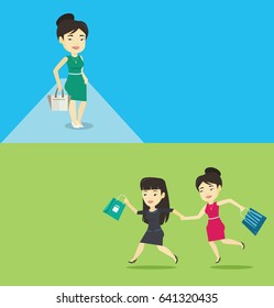 Two shopping banners with space for text. Vector flat design. Horizontal layout. Young asian woman standing on catwalk during fashion event. Female model walking on catwalk during fashion week.