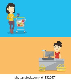 Zwei Shopping-Banner mit Platz für Text. Vektorflachdesign. Horizontales Layout. Junge asiatische Kassiererin steht am Kasse im Supermarkt. Freundliche Kasse, die an der Kasse in einem Supermarkt arbeitet.