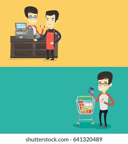 Dos carteles de la compra con espacio para el texto. Diseño plano vectorial. Diseño horizontal. Hombre asiático parado cerca de un carro de supermercados con calculadora en mano. Hombre revisando los precios de la calculadora en el supermercado.