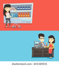 Zwei Shopping-Banner mit Platz für Text. Vektorflachdesign. Horizontales Layout. Frau kostenpflichtig Wireless mit Smartphone an der Kasse im Supermarkt. Kunden, die mit Smartphone bezahlen