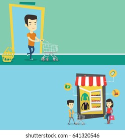 Zwei Shopping-Banner mit Platz für Text. Vektorflachdesign. Horizontales Layout. Der junge Asiat rannte in den Laden. Der Mann eilte zum Einkaufen. Fröhlicher Mann, der mit einem leeren Einkaufswagen läuft.