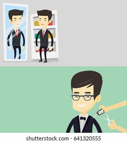 Dos carteles de la compra con espacio para el texto. Diseño plano vectorial. Diseño horizontal. Hombre feliz quitando el precio de la nueva chaqueta de traje. Joven asiático cortando el precio de la ropa nueva con tijeras.