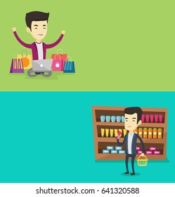 Two shopping banners with space for text. Vector flat design. Horizontal layout. Customer shopping at supermarket with basket. Customer holding a basket in one hand and a tube of cream in another.
