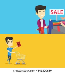 Two shopping banners with space for text. Vector flat design. Horizontal layout. Asian man holding paper sheet with sale text. Man with empty shopping trolley running in a hurry to the store on sale.