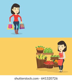 Zwei Shopping-Banner mit Platz für Text. Vektorflachdesign. Horizontales Layout. Fröhliche asiatische Frau, die Einkaufstaschen trägt. Junge Frau, die Einkaufstaschen hält. Frau mit vielen Einkaufstaschen