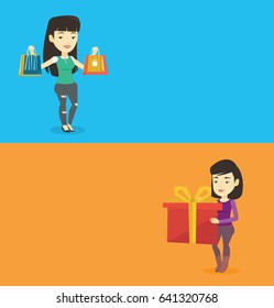Two shopping banners with space for text. Vector flat design. Horizontal layout. Asian woman carrying shopping bags. Smiling woman holding shopping bags. Woman standing with a lot of shopping bags.