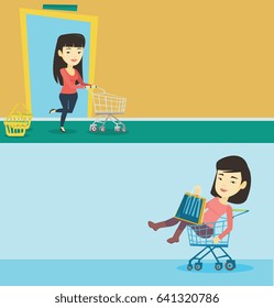 Two shopping banners with space for text. Vector flat design. Horizontal layout. Woman having fun while riding by shopping trolley. Asian woman with a lot of shopping bags sitting in shopping trolley.
