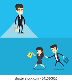 Zwei Shopping-Banner mit Platz für Text. Vektorflachdesign. Horizontales Layout. Junge glückliche asiatische Kunden drängen auf Promotion und Verkauf. Zwei fröhliche Männer, die in Eile zu dem zum Verkauf stehenden Laden rennen.