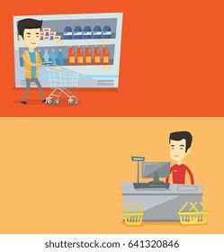 Dos carteles de la compra con espacio para el texto. Diseño plano vectorial. Diseño horizontal. Cliente empujando un carrito vacío de supermercados. El cliente compra en un supermercado con carro. Cliente caminando con tranvía.