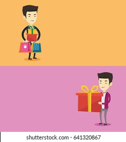 Dois banners de compras com espaço para texto. Design plano vetorial. Layout horizontal. Homem asiático segurando caixa com presente nas mãos. Homem segurando caixa de presente. Jovem de pé com caixa de presente. Cara comprando um presente.