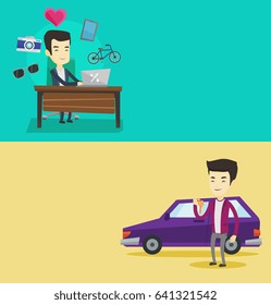 Two shopping banners with space for text. Vector flat design. Horizontal layout. Asian man holding keys to his new car. Man showing key to his new car. Man standing on the backgrond of his new car.