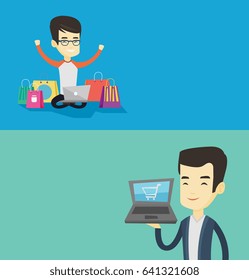 Dos carteles de la compra con espacio para el texto. Diseño plano vectorial. Diseño horizontal. Joven asiático usando laptop para comprar en línea. Hombre cargando una laptop con carro de la compra. Hombre haciendo compras en línea.