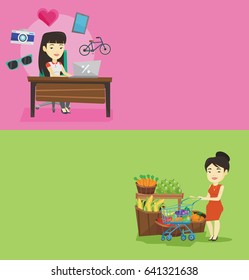 Two shopping banners with space for text. Vector flat design. Horizontal layout. Young asian woman using laptop for online shopping. Happy woman doing online shopping. Woman buying in online shop.
