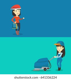 Two shopping banners with space for text. Vector flat design. Horizontal layout. Woman in santa hat holding shopping bags and giving thumb up. Asian woman carrying shopping bags with christmas gifts.