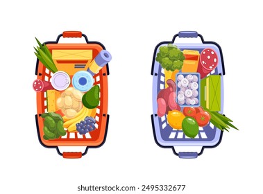 Two Shopping Baskets Filled With Various Groceries, Including Fruits, Vegetables, And Packaged Foods Top View