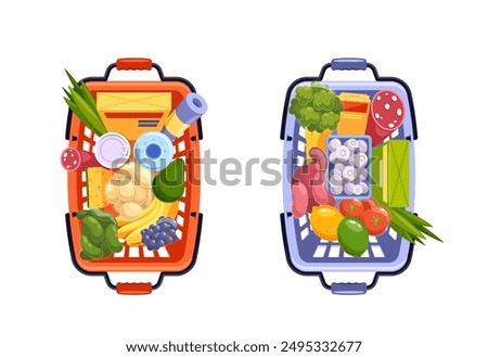 Two Shopping Baskets Filled With Various Groceries, Including Fruits, Vegetables, And Packaged Foods Top View
