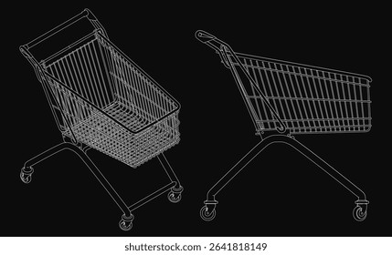 Two shopping carts appear to roll on a sleek black background, conveying motion and energy. The stroller-like design suggests convenience, while the empty baskets imply space for goods.