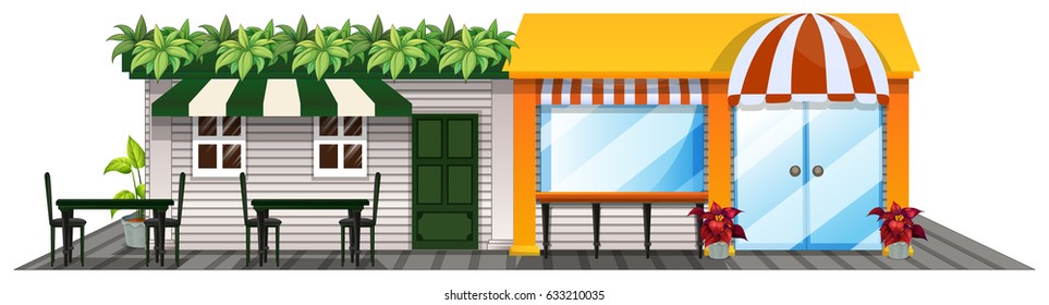Two shops with outdoor dining area illustration