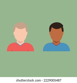 two short haired men one black the other white with black and gray hair looking forward in a red and blue t-shirt