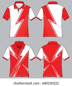 Two Short Sleeve Polo Shirt with Lightning Graphic Lines Printing Design on Gray Background. Front and Back Views, Vector File
