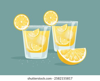 Two shots of tequila with ice and lemon flat vector illustration